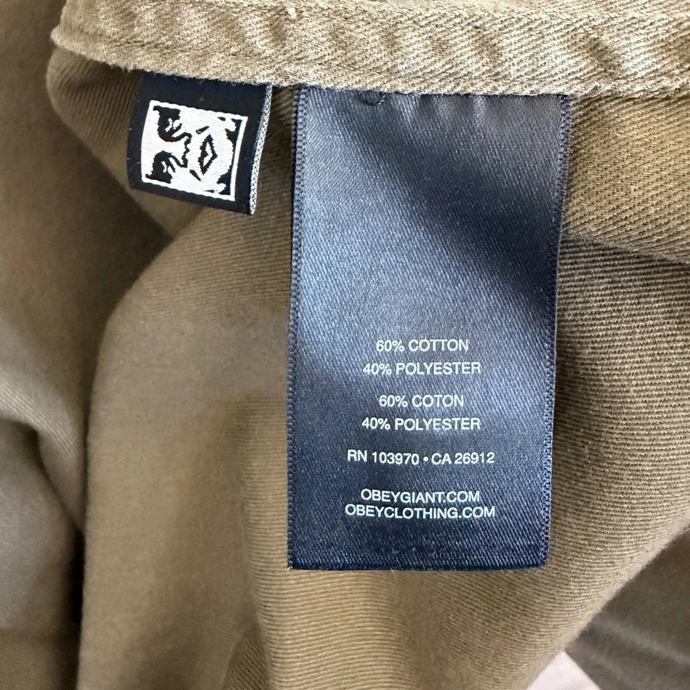 Obey Worldwide Mens Khaki Tan Military Chore Jacket Shirt O.B.E.Y. Patch Medium